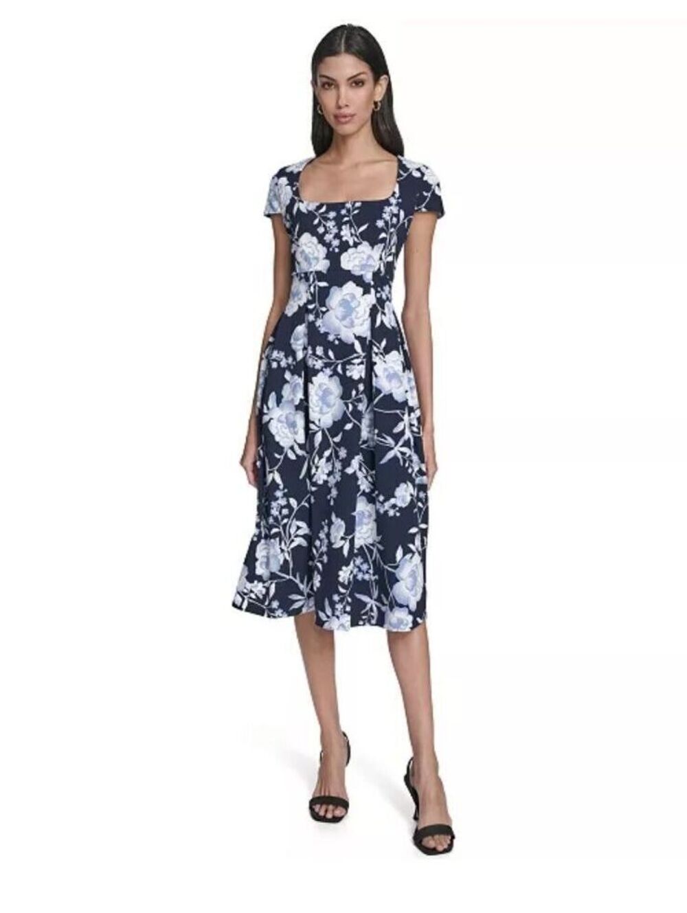 NWT Calvin Klein Navy Blue Floral Fit Flare Midi Dress Size 4 Career